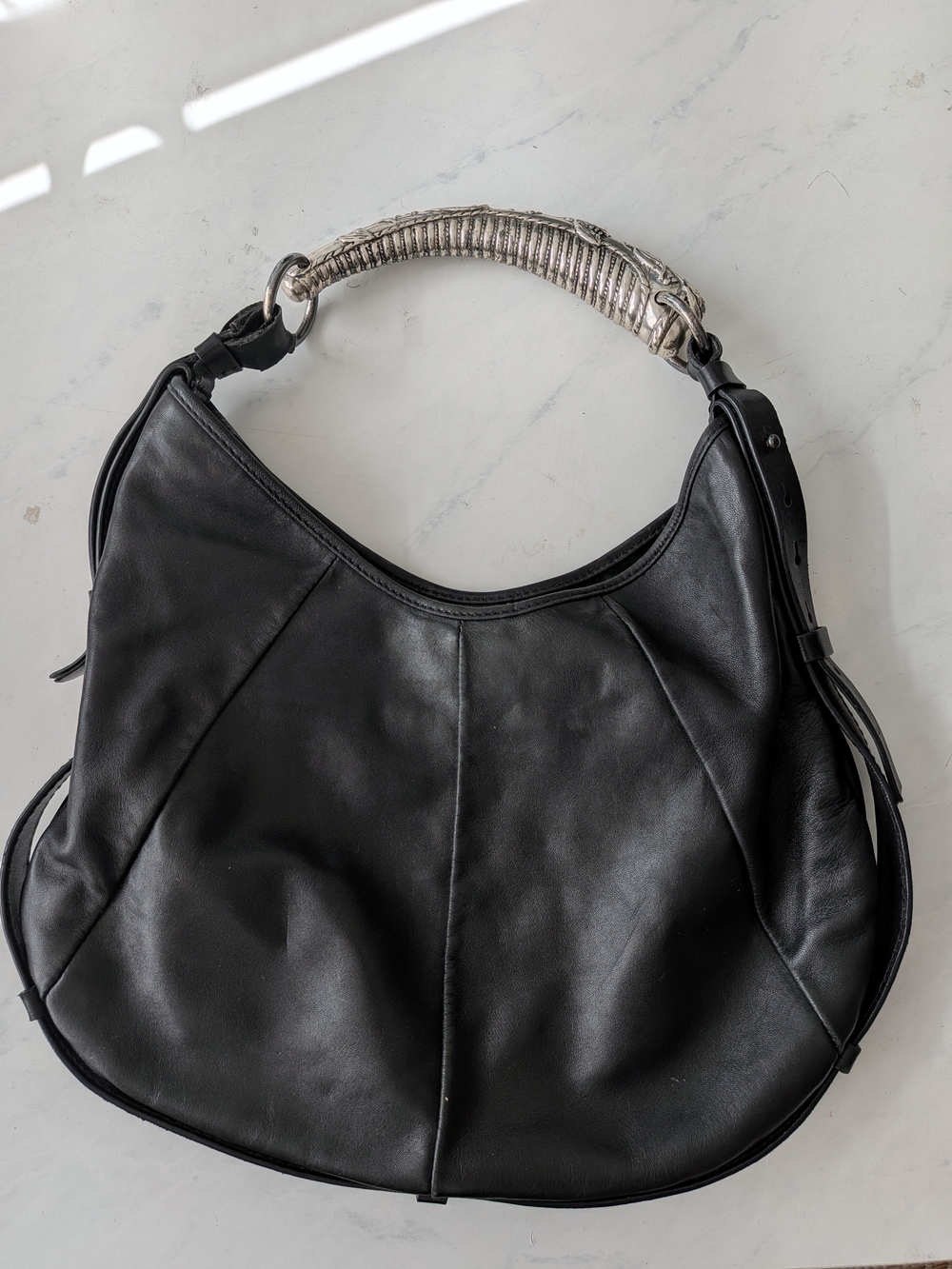 Black Leather Hobo Bag with Silver Handle